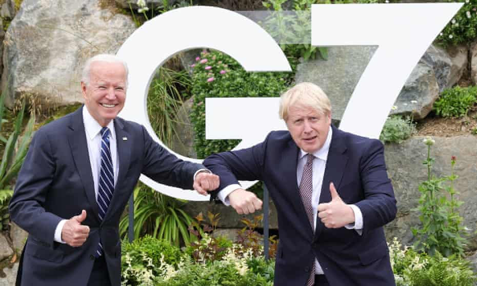 The British prime minister Boris Johnson (right) poses with the US president, Joe Biden, in Carbis Bay, Cornwall