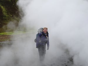 Melanie Windridge next to a steam vent in Landmannalaugar, Iceland