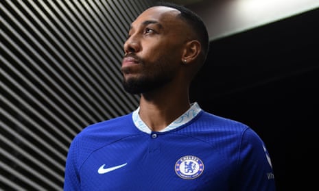 Pierre-Emerick Aubameyang poses for a photograph as he signs for Chelsea on deadline day