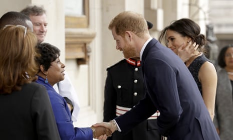 Lady Lawrence greets Prince Harry at a memorial service in London in 2018 to commemorate the 25th anniversary of the murder of her son Stephen.