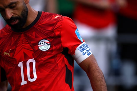 A detailed view of the Football Unites the World captain's armband of Mohamed Salah