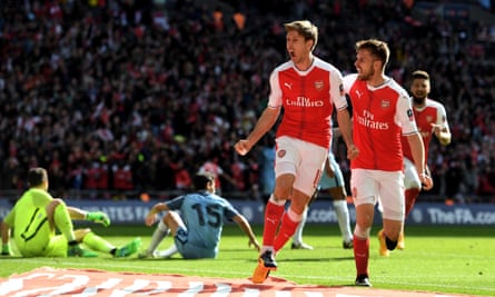 Nacho Monreal celebrates scoring against Manchester City in an FA Cup semi-final at Wembley in 2017