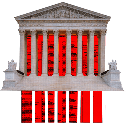 illustration of the US supreme court building with a red document behind the pillars