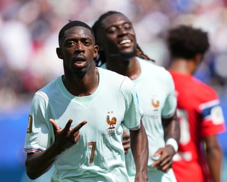 APTOPIX France Norway WCup SoccerFrance's Ousmane Dembele celebrates after scoring his side's third goal during the World Cup Group I soccer match between Norway and France in Foxborough, Mass., near Boston, Friday, June 26, 2026. (AP Photo/Martin Meissner)