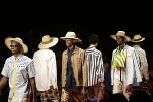Modern Menswear Designer Laurence Airline showed a troop of models in contemporary menswear with multicultural influences - neck bag anyone?