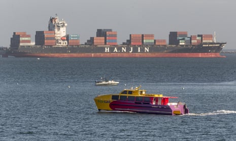 The Hanjin Montevideo anchored outside the Port of Long Beach, California, after the company went bankrupt.