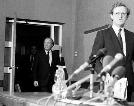 Government Press Secretary Mr. Frank Dunlop (right) leads Taoiseach and Fianna Fail leader Charles (Charlie) Haughey into the GUBU press conference, after it was discovered that Malcolm McArthur, later convicted for the murder of a young nurse, had been hiding in the home of Attorney General, Mr. Patrick Connolly, 1982