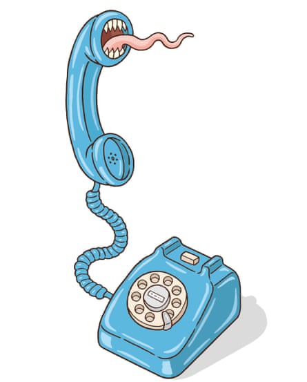 An illustration of a phone with the receiver off the hook and a long tongue sticking out between teeth from the earpiece