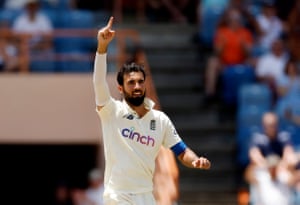 Saqib Mahmood celebrates the wicket of Shamarh Brooks.