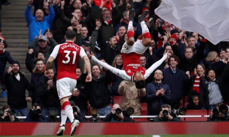 Arsenal’s Pierre-Emerick Aubameyang celebrates scoring their second goal.