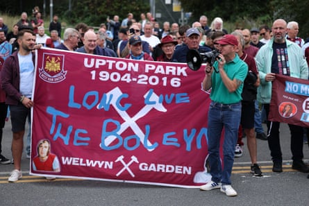 A banner referencing West Ham’s former home at a fan protest ahead of their match against Crystal Palace.