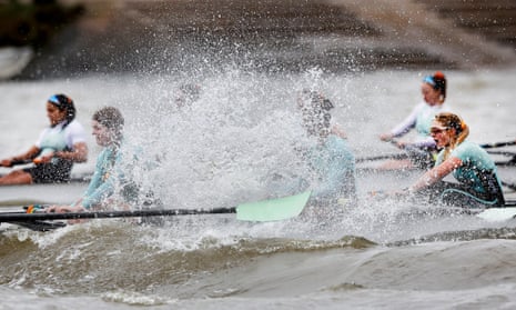Rough water as the two Cambridge women’s boats make their way along the River Thames near Putney Embankment during the Cambridge University Boat Race trials in December 2023.