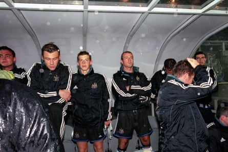 Newcastle United substitutes, left to right, Steve Harper, Duncan Ferguson, Stuart Green, Alan Shearer, John Carver (coach) with hand on head, and Aaron Hughes