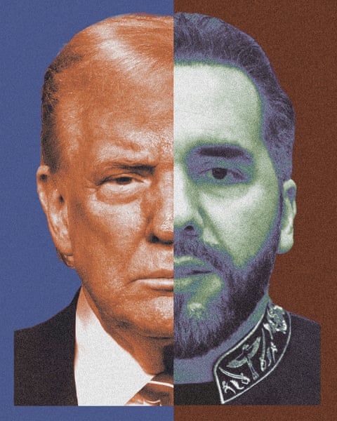 Illustration combining half of Donald TrumpâÂÂs face with half of Nayib BukeleâÂÂs
