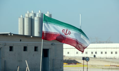 An Iranian flag at a nuclear power plant in Bushehr in 2019. 
