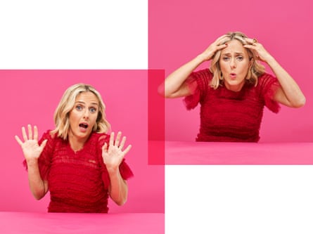 Marina Hyde in red dress against pink background