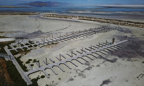 Empty docks visible at the Antelope Island Marina on the Great Salt Lake in August 2022.