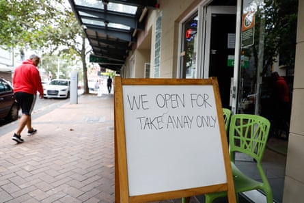 A sign out the front of a restaurant in Surry Hills after pubs, clubs and cafes were closed for dining in.