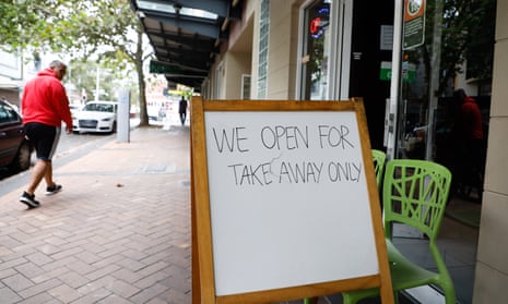 A sign out the front of a restaurant in Sydney’s Surry Hills. About 78% food services businesses have made changes to their workforce, including 70% who temporarily reduced work hours.
