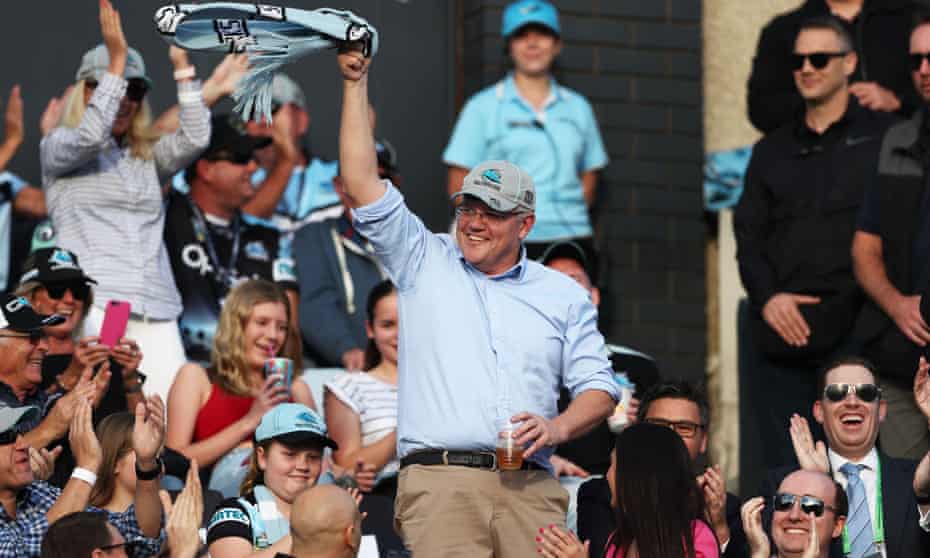 Australia prime minister Scott Morrison at a Cronulla Sharks game in Sydney in 2019. ‘Around 2016, Scott John Morrison – a Pentecostal rugby union fan from the eastern suburbs of Sydney – reinvented himself as “ScoMo”, a rugby league loving everyman from the Sutherland Shire.’