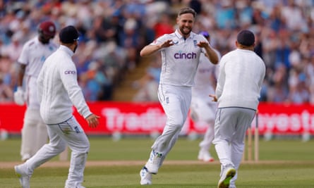 Chris Woakes celebrates after taking the wicket of West Indies’ Kraigg Brathwaite.