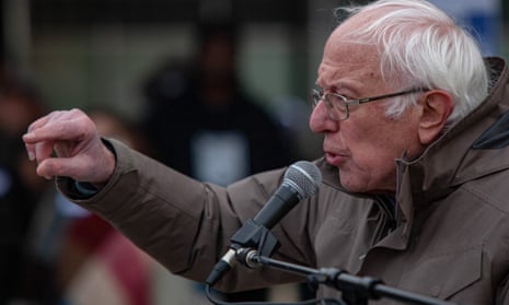 Senator Bernie Sanders speaks to striking Kellogg's workers in downtown Battle Creek, Michigan, in December.