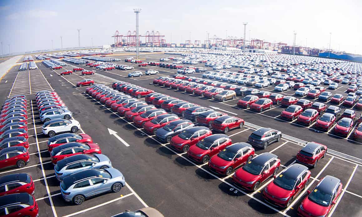 A car park full of electric cars at a port in China