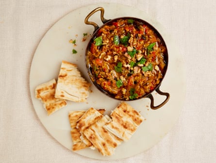 Yotam Ottolenghi’s warm aubergine, red pepper and tomato dip.
