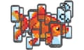 an illustration of a pixelated goldfish on the screens of a cloud of smartphones