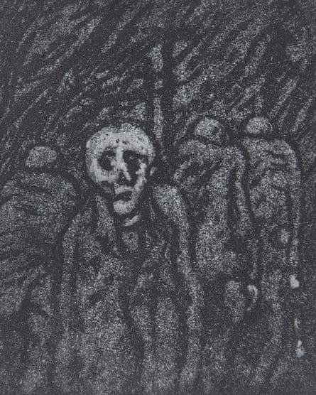 A black and white etching depicting ghostly figures in a mine