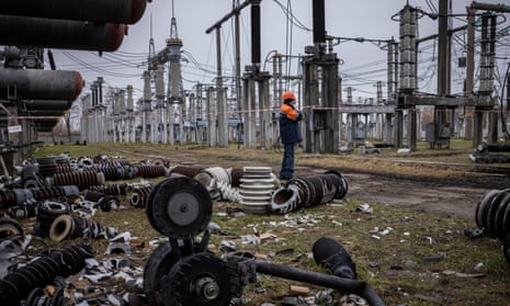 A high-voltage substation switchyard stands partially destroyed after the Ukrenergo power station was hit by a missile strike.