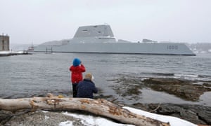 The USS Zumwalt passes Fort Popham at the mouth of the Kennebec River in Phippsburg, Maine.