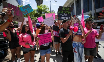 Supporters of Britney Spears rally as a hearing on the singer’s conservatorship case takes place at Stanley Mosk courthouse.