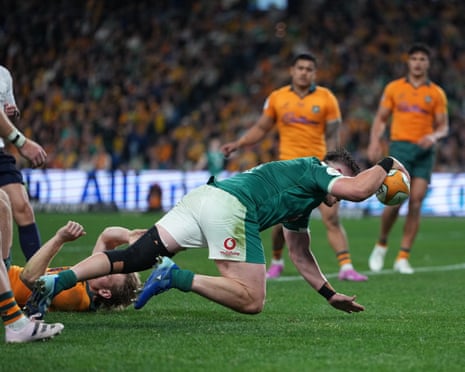 Dan Sheehan plants the ball for Ireland against Australia