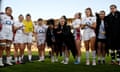 Marlie Packer of England leads a team talk after making her 100th appearance last weekend in the win over Italy.