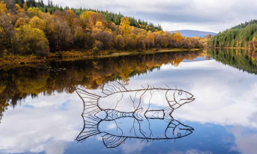 Pike sculpture on water by Rob Mulholland on the Loch Ard Sculpture Trail in Aberfoyle