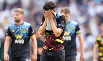 Zeki Amdouni reacts at full-time as Burnley’s relegation is confirmed.