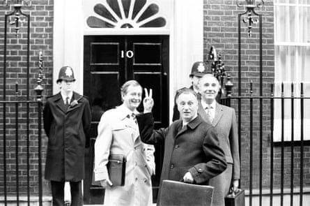 Paul Eddington as MP Jim Hacker with Nigel Hawthorne as Sir Humphrey Appleby and Derek Fowlds as Bernard Woolley in Yes Minister.
