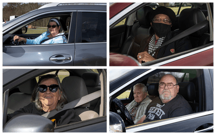 Grid of four images of people in their cars.