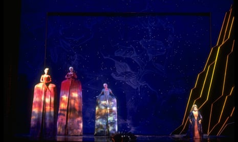 Deborah Voigt, right, singing the title role of Ariadne auf Naxos by Richard Strauss, with the three spirits in Elijah Moshinsky’s production for the Metropolitan Opera, New York, 1997.
