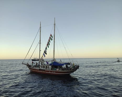A view from Global Sumud Flotilla, which is an international initiative aimed at reaching the Gaza to deliver humanitarian aid, at sea.