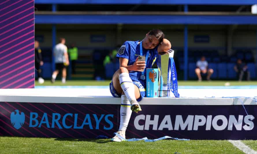 Sam Kerr with the SWL trophy and golden boot award after full-time at Kingsmeadow.