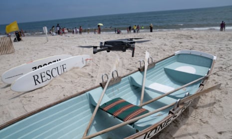 A drone is flown in for a landing after a shark patrol flight at Jones Beach State Park in Wantagh, New York.