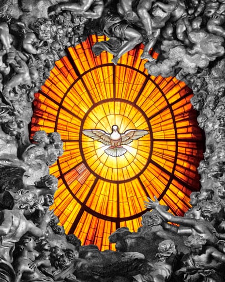 Photo of glass vitrai of the Holy Spirit as a white dove with spread wings