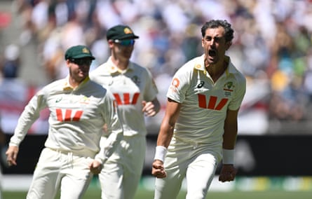 Mitchell Starc roars after dismissing Zak Crawley in the first over of the series