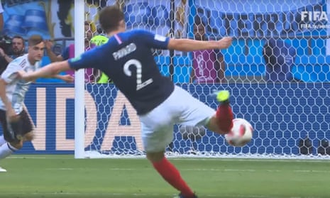 A screengrab from FifaTV coverage of Benjamin Pavard’s goal for France v Argentina at the 2018 World Cup.