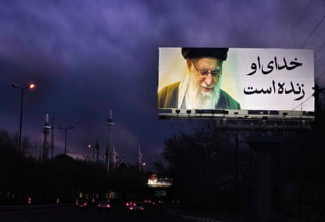 A billboard featuring a portrait of Ayatollah Ali Khamenei is displayed on a roadside on 3 March 2026 in Tehran, Iran.