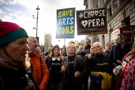 Entertainment industry workers outside the Department for Digital, Culture, Media and Sport in London on Tuesday.
