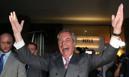 Farage celebrates at the Leave EU referendum party on 24 June 2016, when the UK voted to leave the European Union