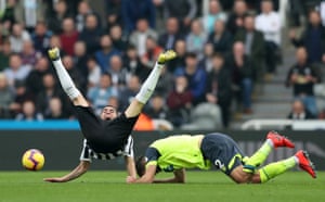 February 23: Newcastle United’s Miguel Almiron reacts after a challenge from Huddersfield Town’s Tommy Smith which led to a red card.